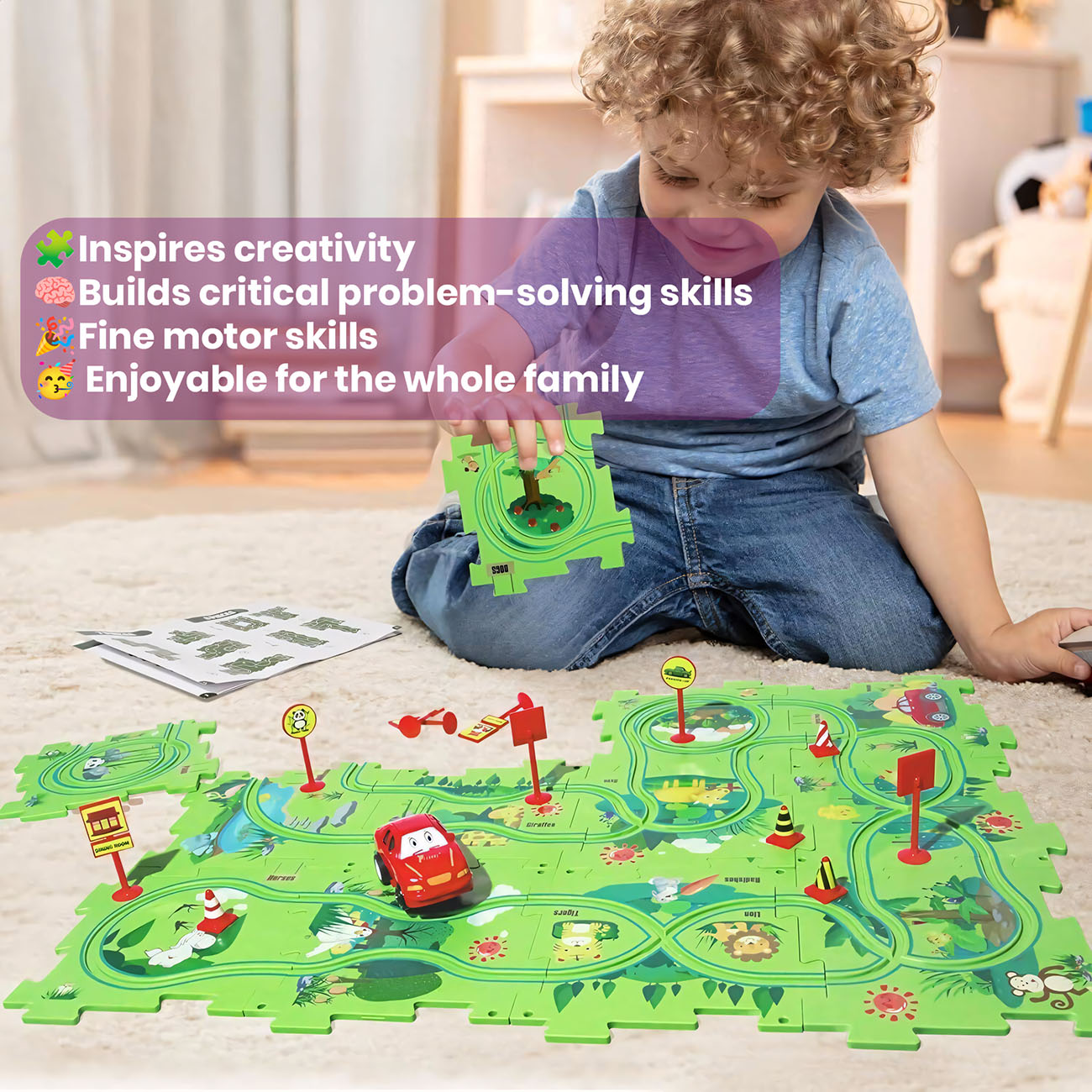 Puzzle Racer Car Track Set-kids game-puzzle game-creativity-critical thinking-cuddly mama-racing-learning and play-kid playing game