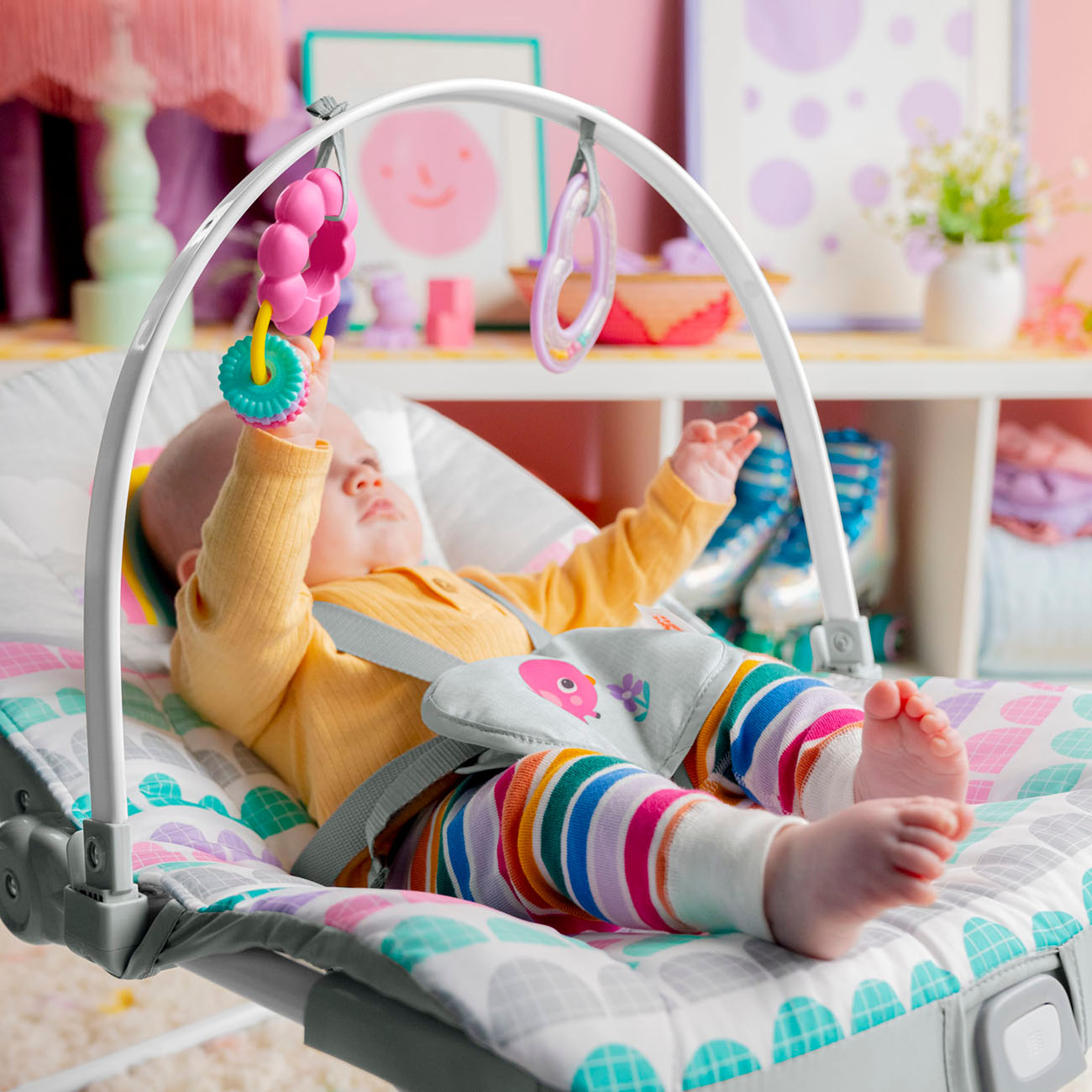 Baby Rocker-Rosy Rainbow Infant to Toddler Baby Rocker with Vibrations-baby inside-relaxing-baby-newborn rocking chair