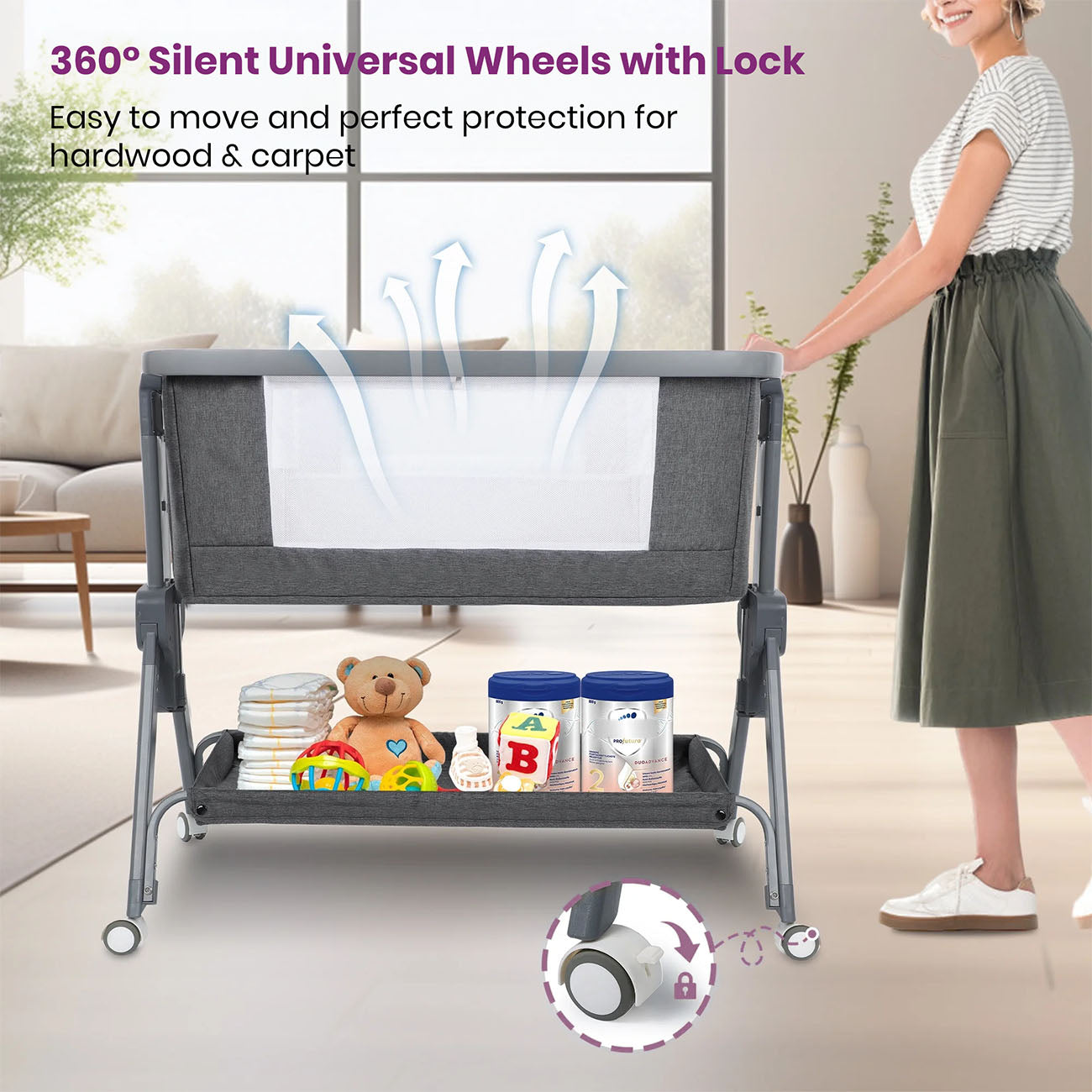 Baby Bassinet, Bedside Sleeper, Easy Fold Portable Crib, wheels)