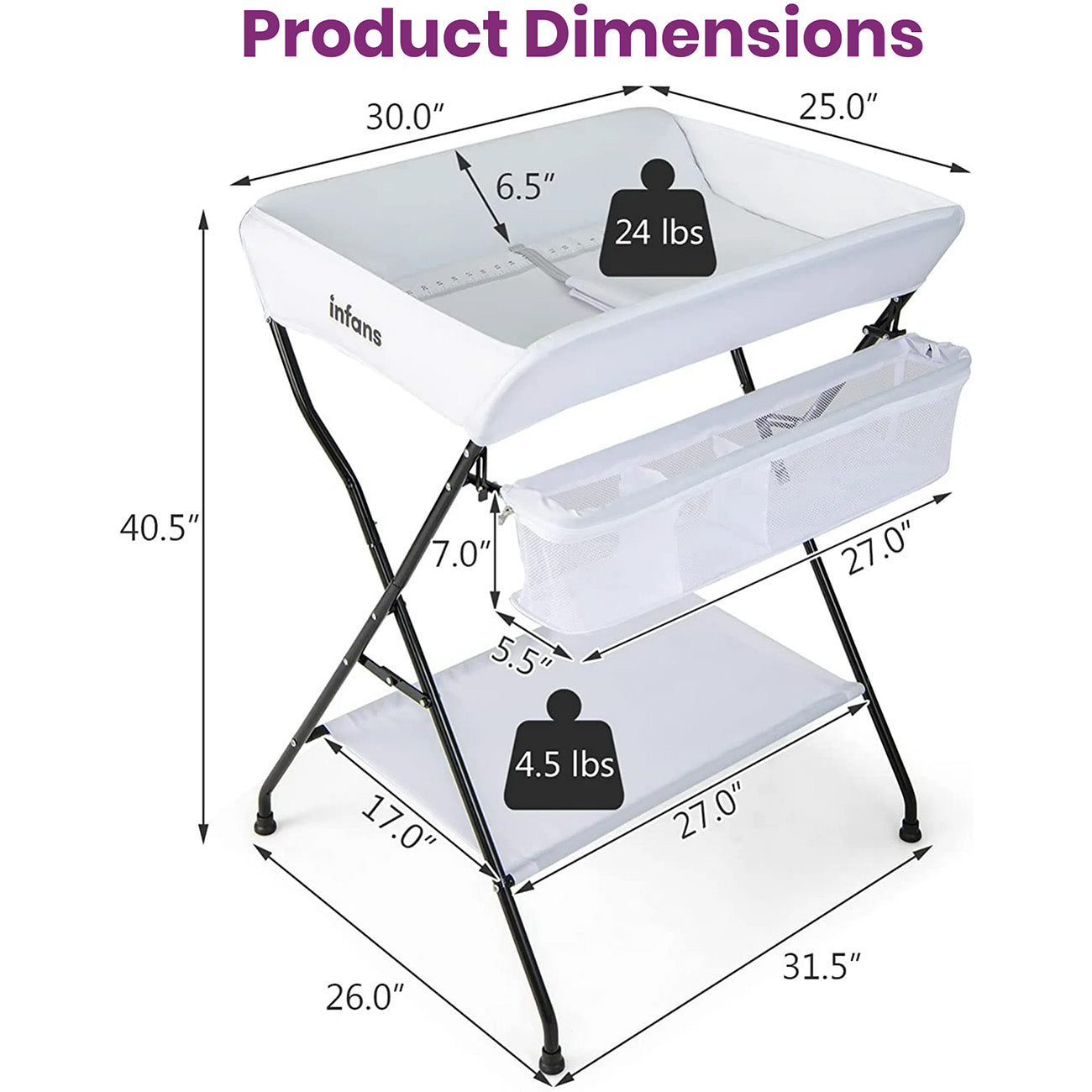 Baby Changing Table-Folding Diaper Station-Portable Nursery Organizer-Large Storage Racks for Newborn-Infant-dimensions