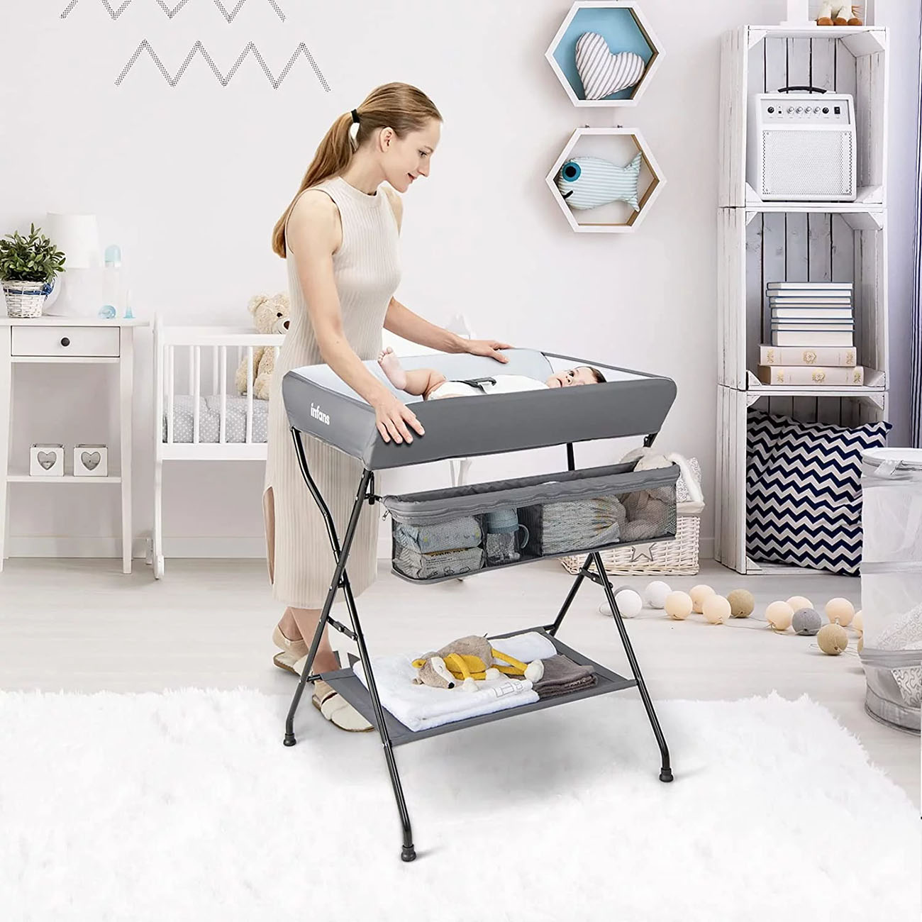 Baby Changing Table-Folding Diaper Station-Portable Nursery Organizer-Large Storage Racks for Newborn-Infant-woman