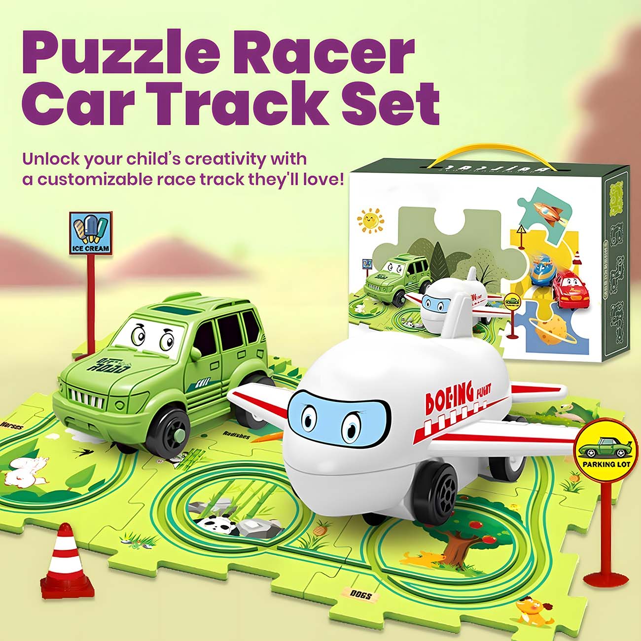 Puzzle Racer Car Track Set-kids game-puzzle game-creativity-critical thinking-cuddly mama-racing-learning and play-toys and box