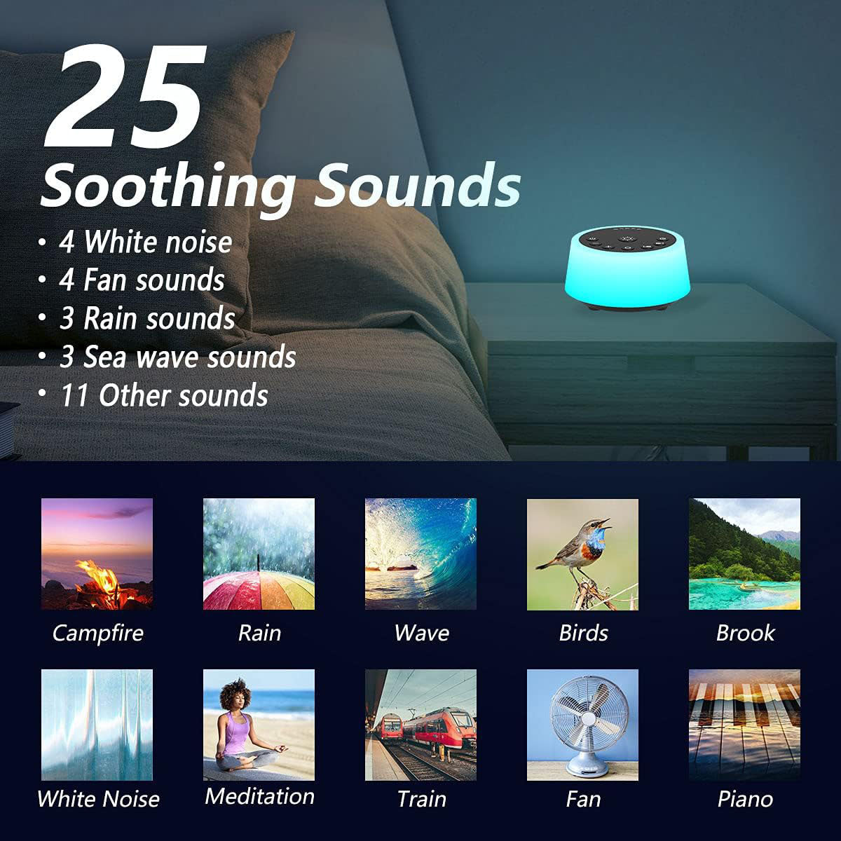 Baby Sound Machine with 10-Color Night Light, 25 Soothing Sounds, Adjustable Volume & Brightness - Perfect for New Moms