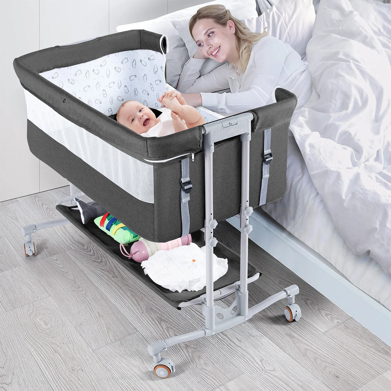 baby bassinet-portable bassinet-rocking bassinet-Baby sleeping comfortably in bassinet-dark gray