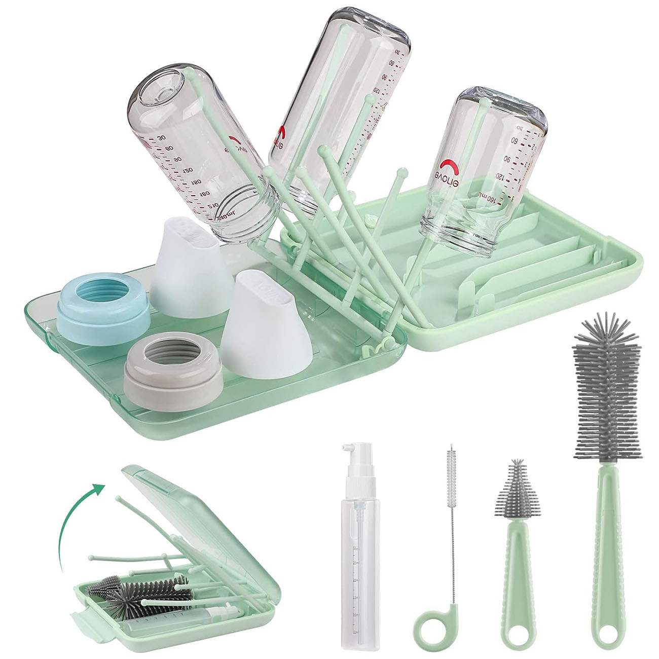 bottle brush for cleaning-Baby Bottle Brush-6 in 1 Cleaner Kit-Extendable Silicone Bottle Brush-Drying Rack-Soap Dispenser-main green