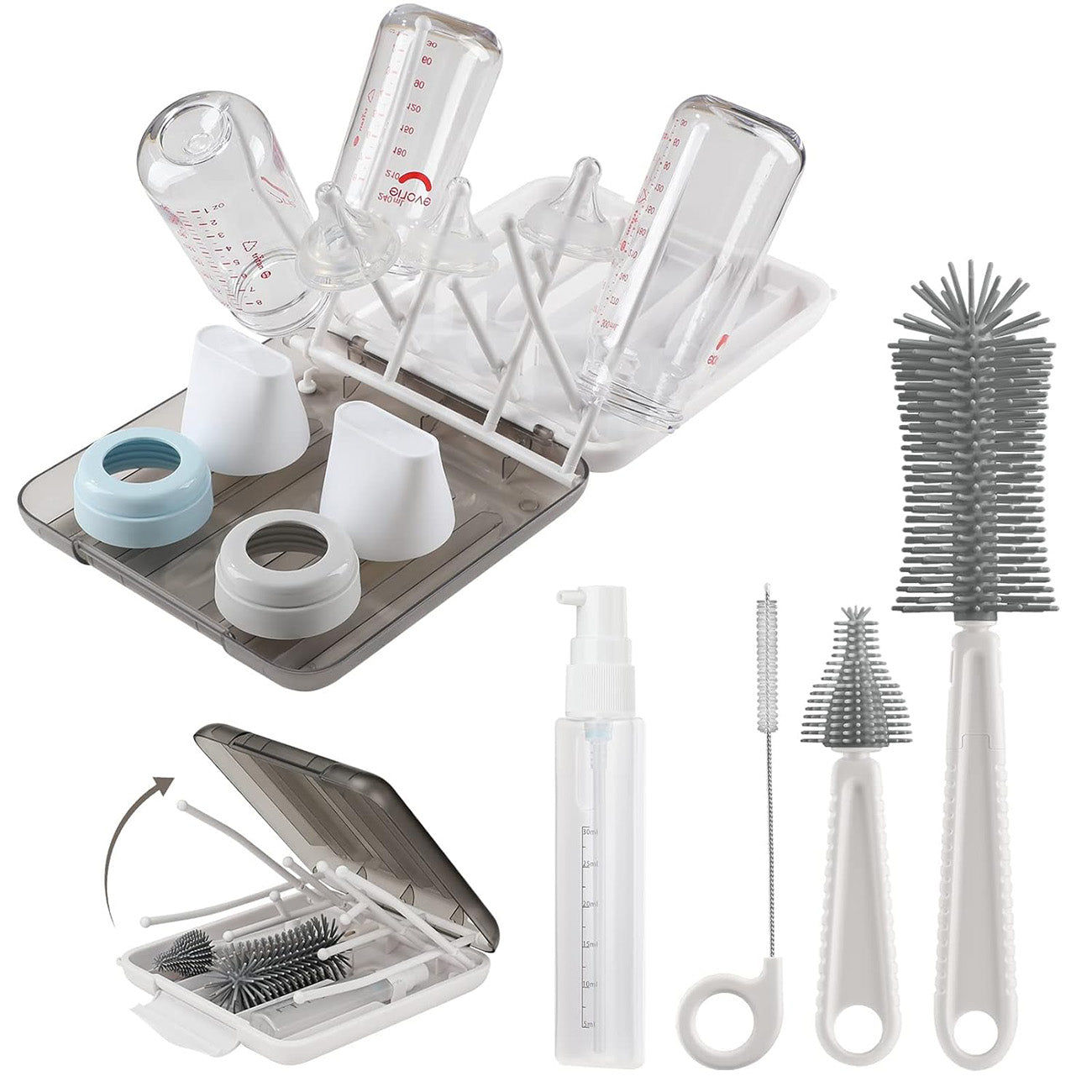 bottle brush for cleaning-Baby Bottle Brush-6 in 1 Cleaner Kit-Extendable Silicone Bottle Brush-Drying Rack-Soap Dispenser-main white