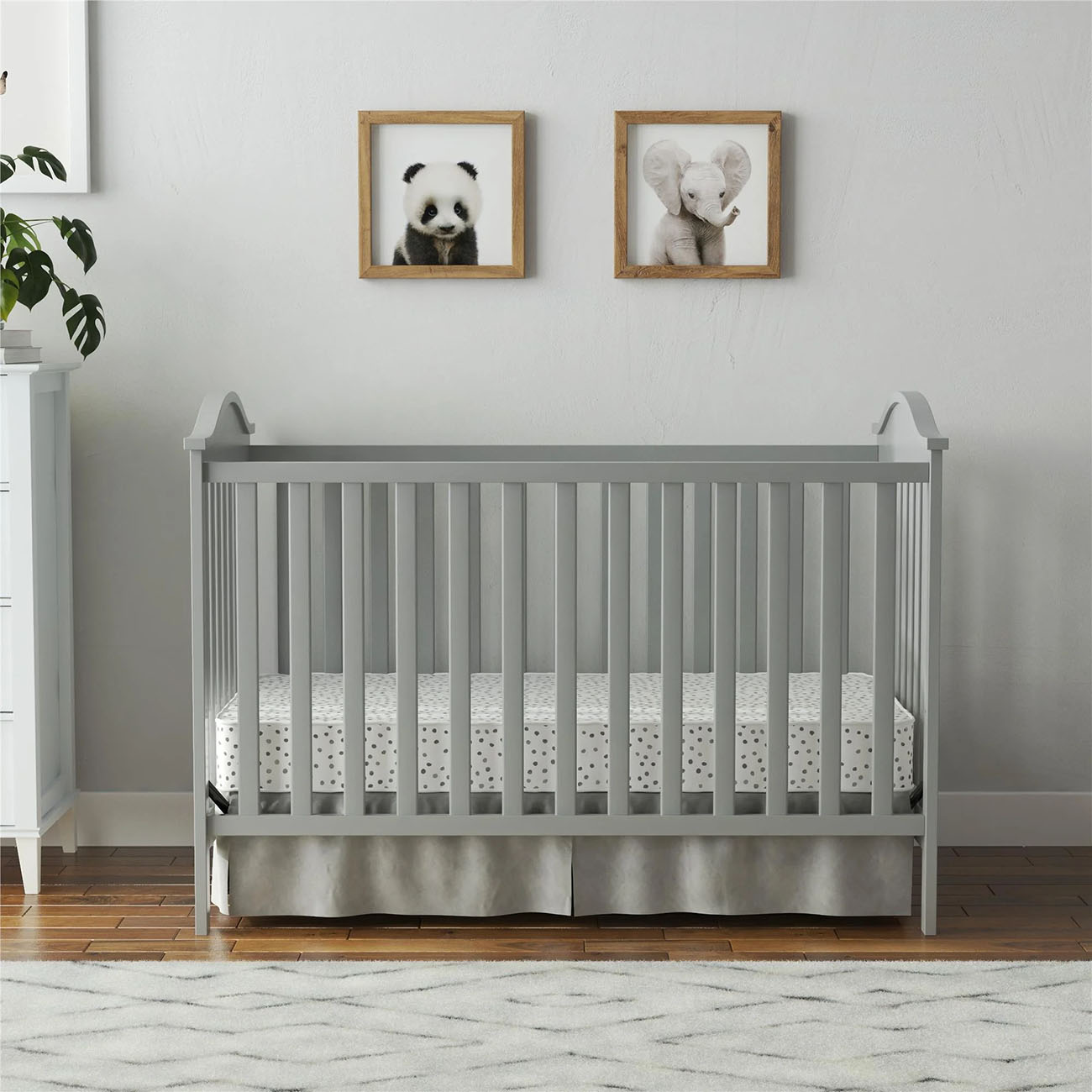 crib bed-Convertible Crib-baby crib-nursery-baby room-baby bed-toddler bed-toddler room-white room-gray in room side