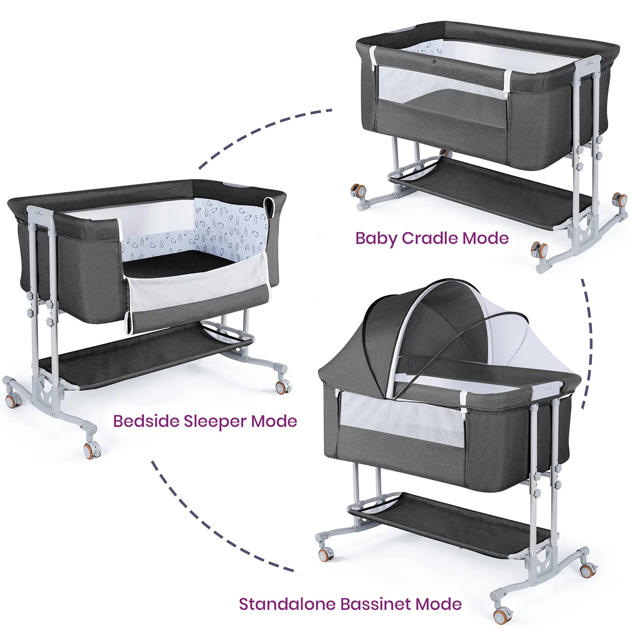 portable baby bassinet-bassinet-rocking bassinet-Baby sleeping comfortably in bassinet-dark gray-3in1