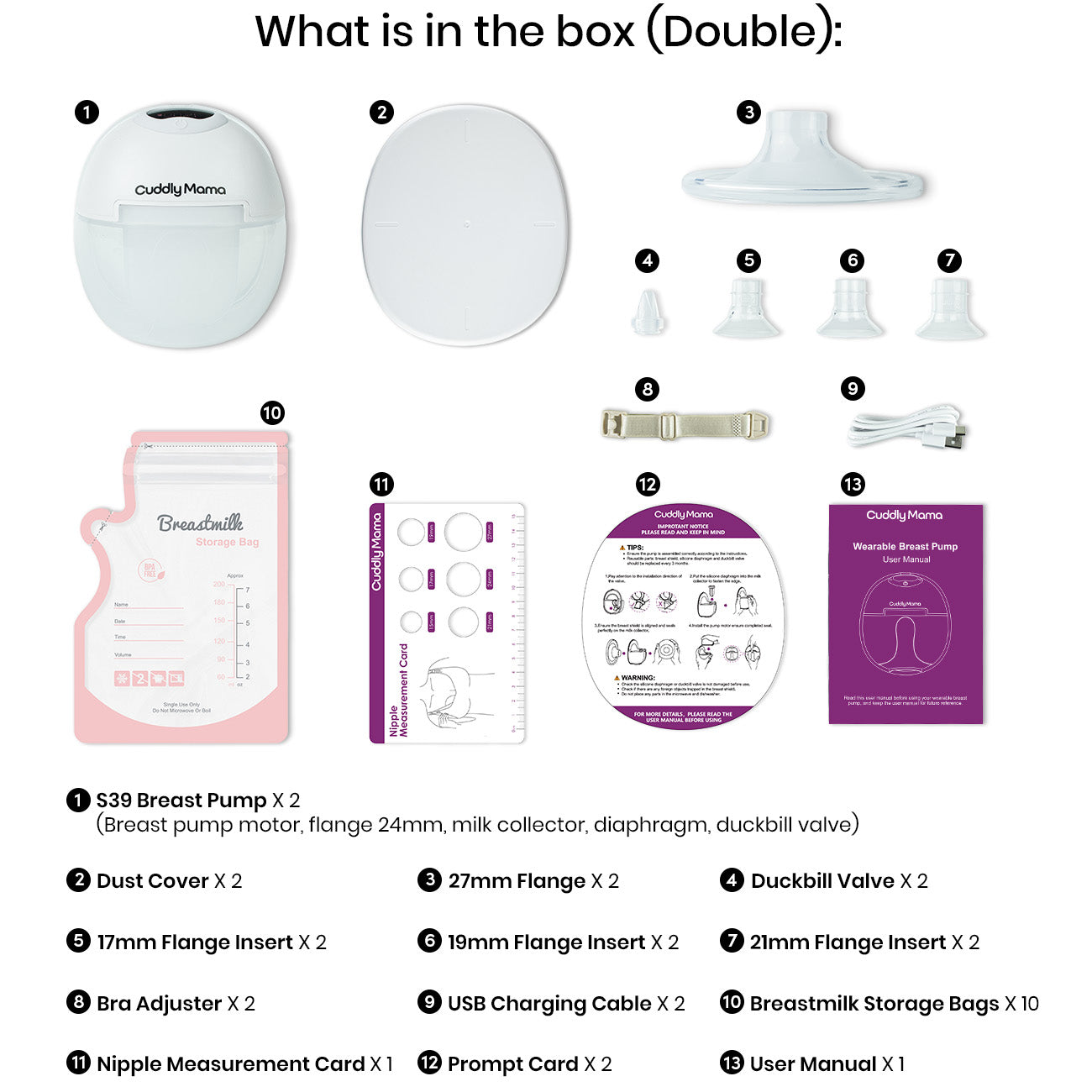 what you get from cuddly mama-box included-package-breast pump-wearable breast pump package #style_double (2 pumps)